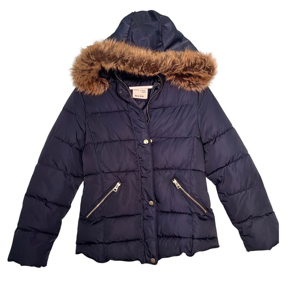 Zara Kids Navy 13/14  Down Puffer Jacket Faux-fur trim